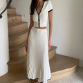 2024 Summer Women White long Skirt Suit Short Sleeve V-neck crop top pleated set elegant dress 2 piece skirt set Plus Size S-3XL