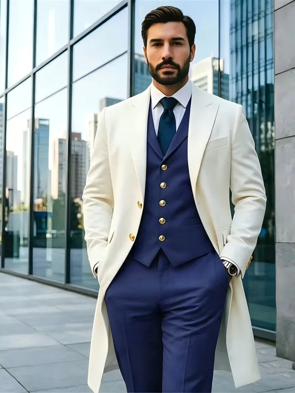Ivory Long Blazer Men's Suits Single Breasted Wedding | SAMAG