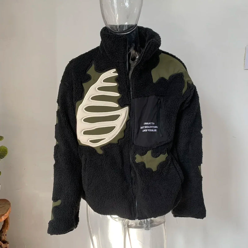 Y2K retro splicing embroidered cotton jacket winter new warm American loose stand-up collar contrasting color men's top
