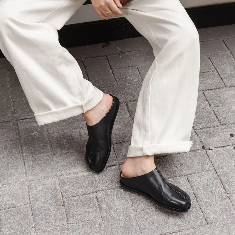 New Genuine Leather Cowhide Women Mules, Split Toe Slip-on Women Slippers,Fashion Flats Women Shoes