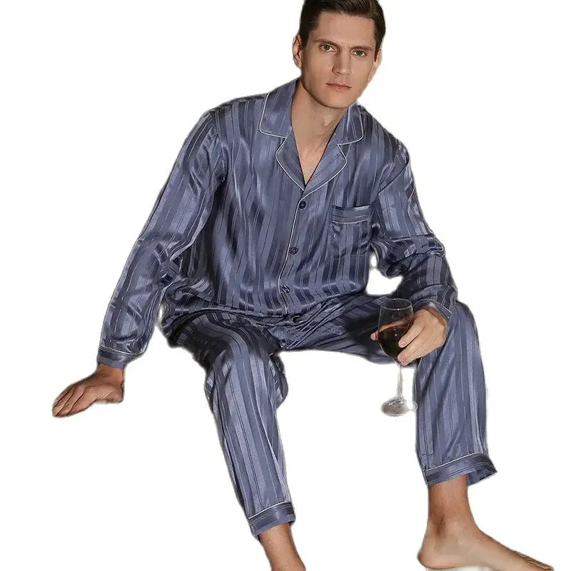 Birdtree 100% Silk Pajamas Sets Men Homewear Male Casual Striped Long Sleeve Loungewear Pant 2Piece Sleepwear S3N845QM