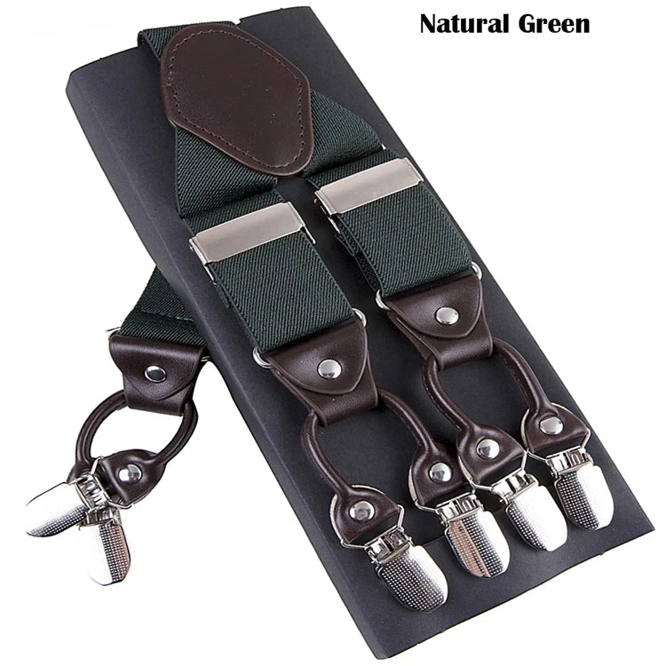 Men's Casual Fashion Leather Suspenders Adjustable High Quality Belt Strap Braces with 6 Clips