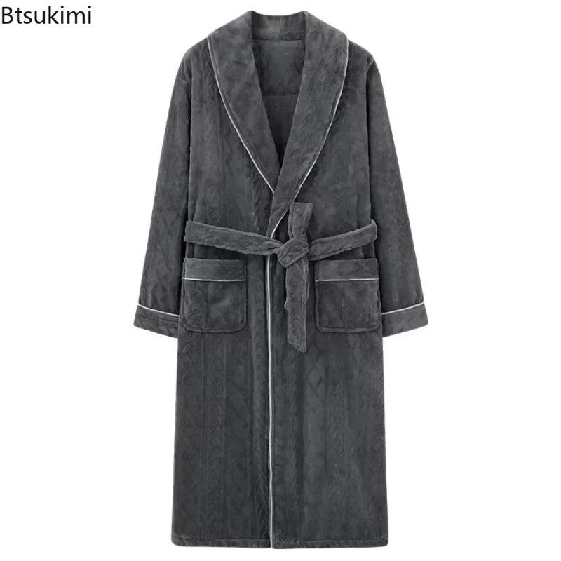 2026 Men's Autumn Winter Flannel Pajama Robes Thickened Warm Lace Up Bath Robes Men Loose Lounge Homewear Coral Fleece Nightgown