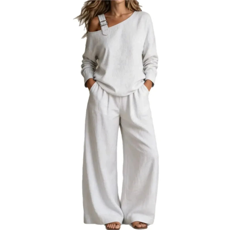 Women sexy one-Shoulder Strap Buckle casual two Piece Sets Autumn Solid Slant Neck Long Sleeve top  Wide Leg Pants Matching Sets
