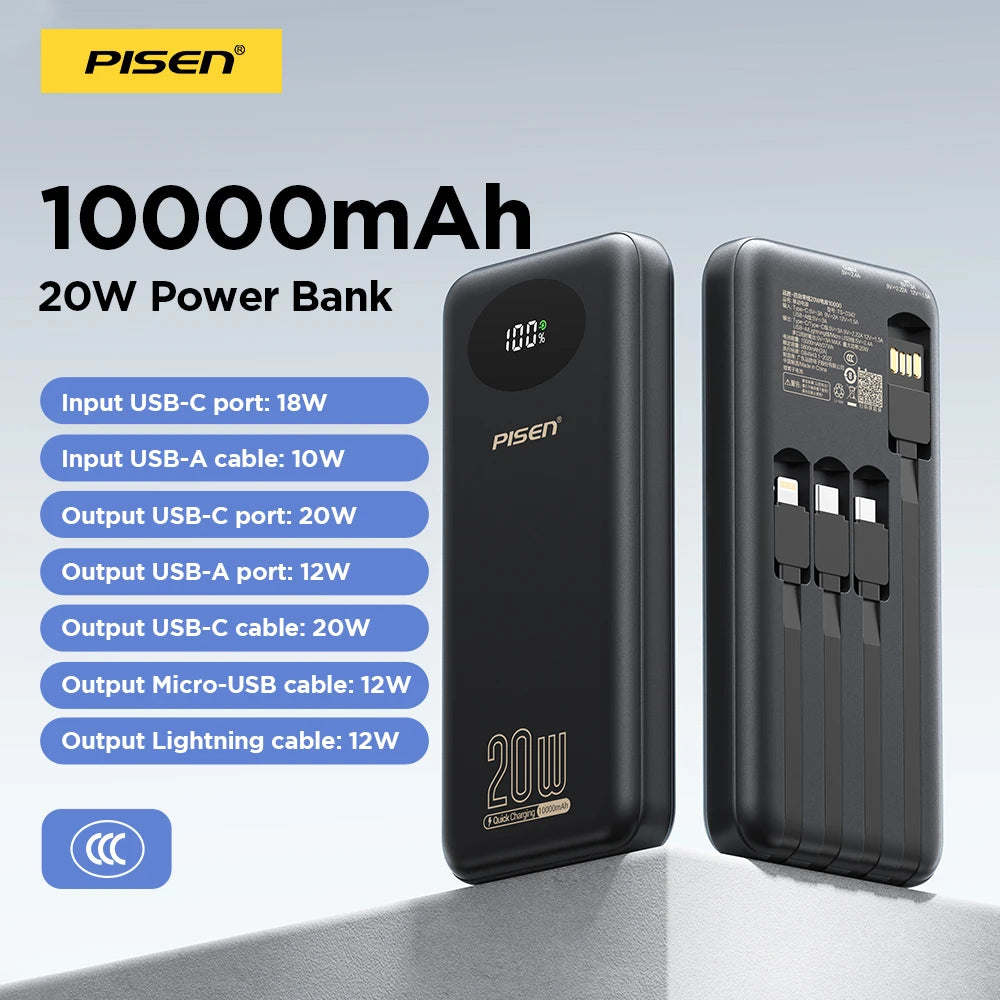 PISEN 3C Certified Power Bank 10000mAh & 20000mAh 20W Fast Charging Powerbank With 4 Built-in Cables For iPhone Samsung Xiaomi