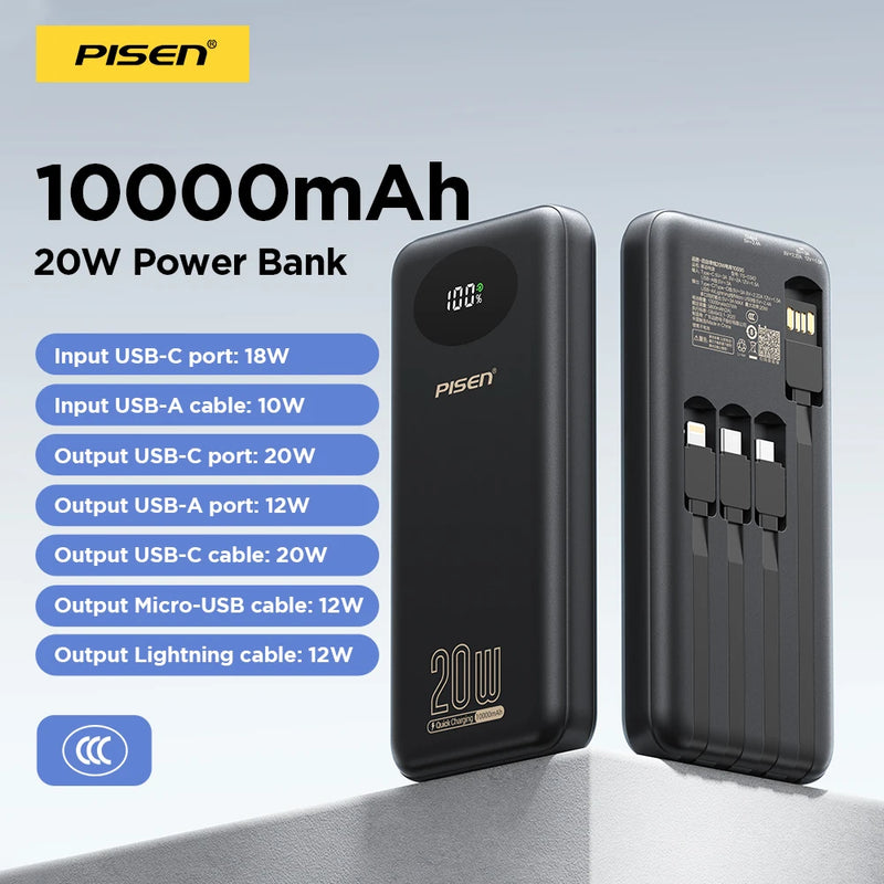 PISEN 3C Certified Power Bank 10000mAh & 20000mAh 20W Fast Charging Powerbank With 4 Built-in Cables For iPhone Samsung Xiaomi