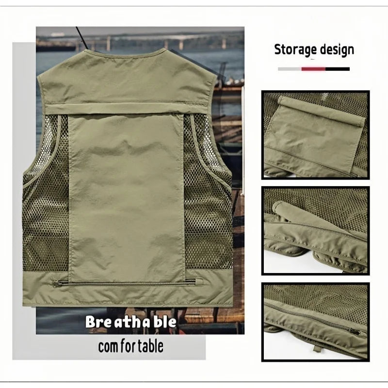 Men's Vest Summer Casual Photography Fishing Multi-Pocket Vest Outdoor Leisure Mountain Climbing Sleeveless V-Neck Custom Logo