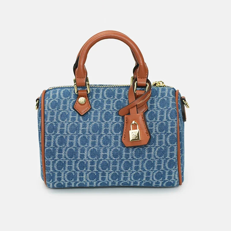 CH Womens Denim Monogram Boston Bag Leather Trim Lock Detail Crossbody Handbag Fashion Top Handle Bag