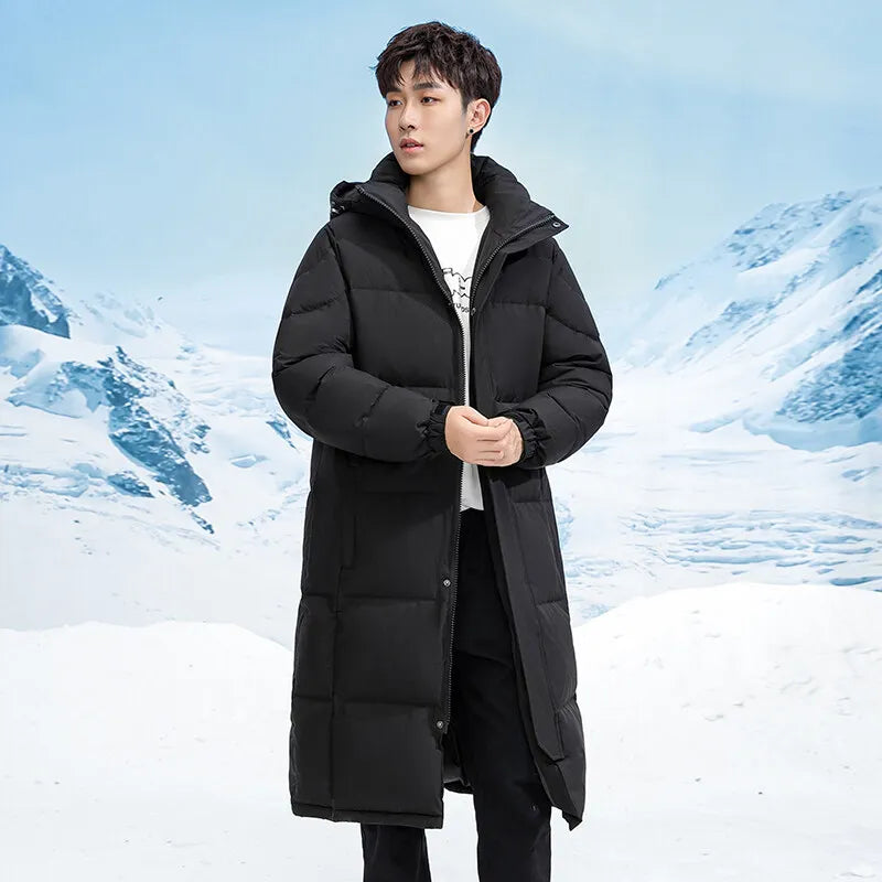 Casual Men's Long-Length Hooded Down Jackets Winter Windproof Warm Top Puffer Coats Outdoor Solid Thicken Padded Parkas Clothing