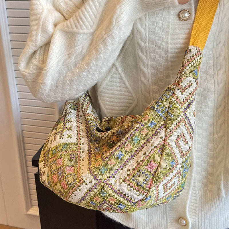 Vintage Female Shoulder Messenger Bag Trend Simple Zipper Handbags Ethnic-Style Canvas Shoulder Bag Small Tote Crossbody Bags