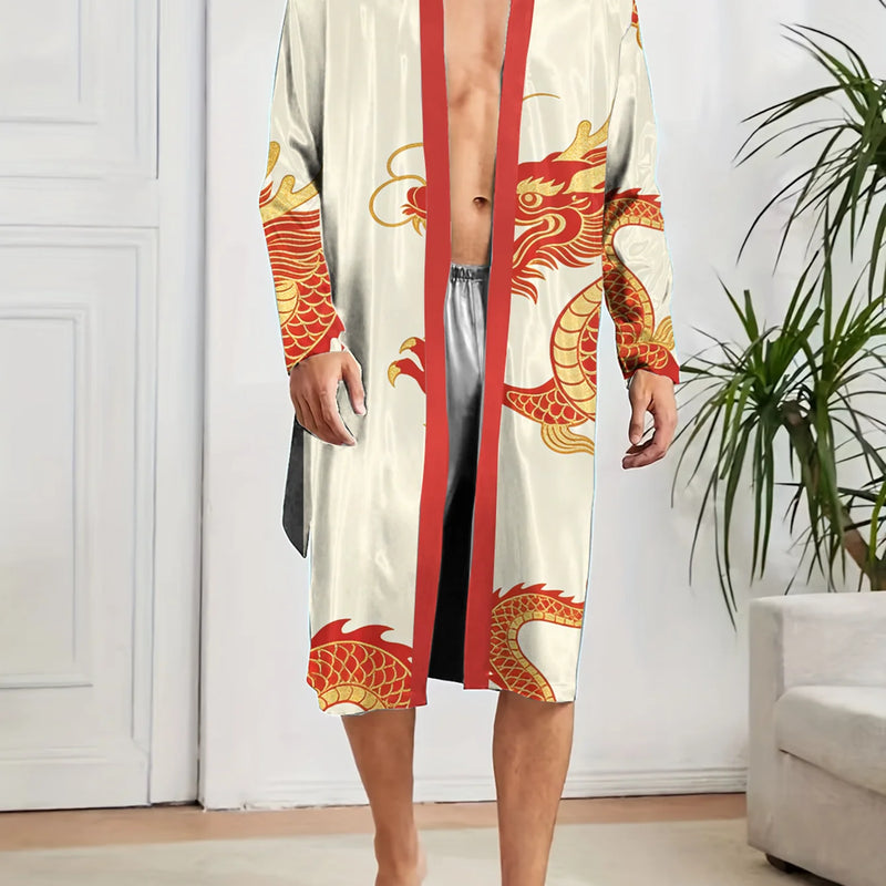 Men's Digital Printed Spring and Autumn Thin Style Quick Drying Long Sleeved Summer Air-Conditioned Pajamas Bathrobe