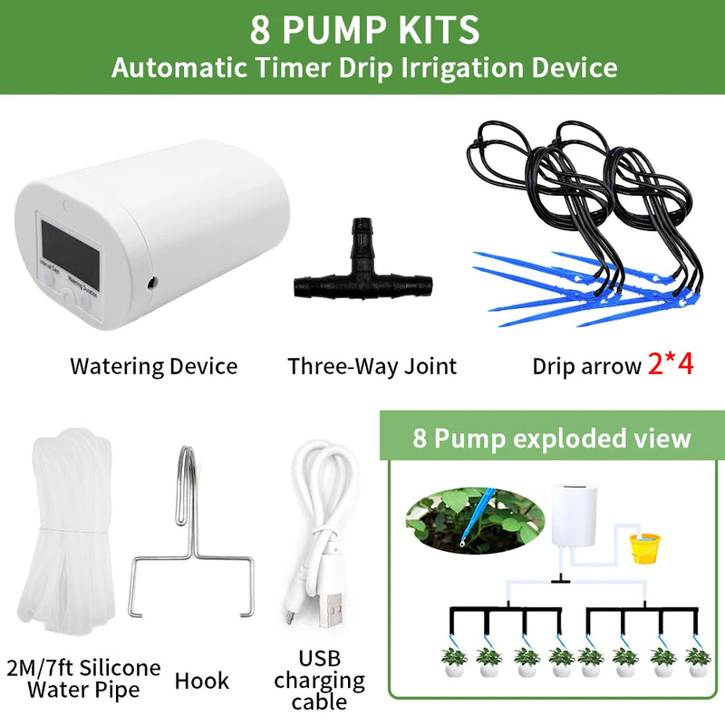Automatic Plant Flower Watering Pump Home Sprinkler Drip Irrigation Device 2/4/8/16 Heads Pump Timer System Kit Garden Tool