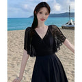 Women's One Piece Swimdress V Neck Sheer Lace Flare | SAMAG