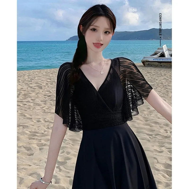 Women's One Piece Swimdress V Neck Sheer Lace Flare | SAMAG