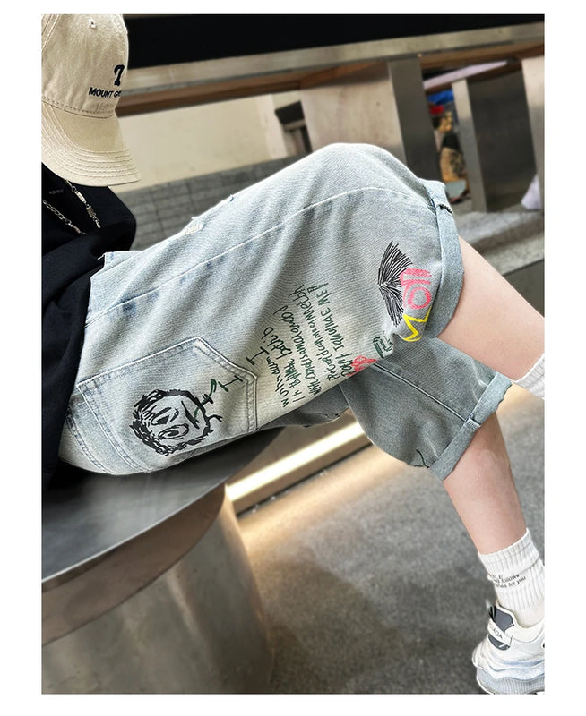 Kids Boys Graffiti Drawing Denim Shorts Elegant Children Casual Ripped Short Jeans Capris Pants 5 6 7 8 9 10 11 12 13 14 Year