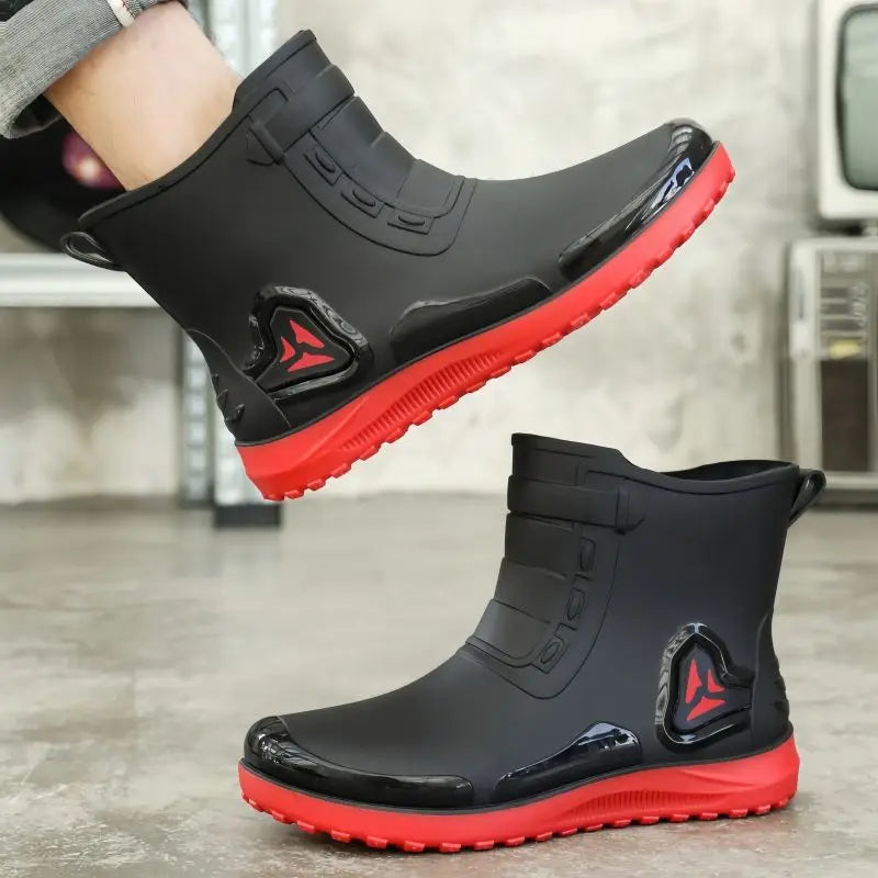 Men's New Short Rain Boots with Elastic Cuff Waterproof Non-Slip Soft Sole Work Rubber Shoes