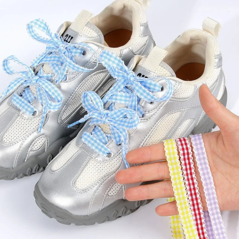 Gingham Ribbon Shoelaces Wave Edge Plaid Flat Shoe Laces Decorative Replacement Laces For Sneakers Casual Shoes