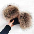 Women Real Raccoon Fur Slides Fluffy Luxury Furry Open Toe Slippers Indoor Outdoor Summer Sandals Non Slip Soft Comfy Sole Cozy