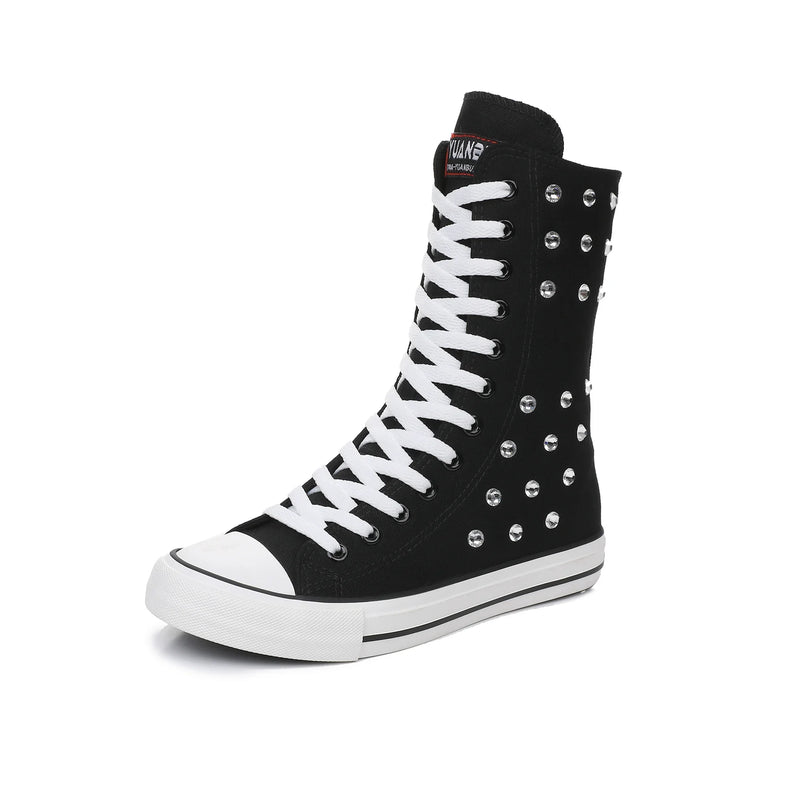 Boots Women Sneakers Canvas Casual High Top Shoes Long Boot Lace-Up Zipper Comfortable Flat Boot Sneakers Tenis Feminino