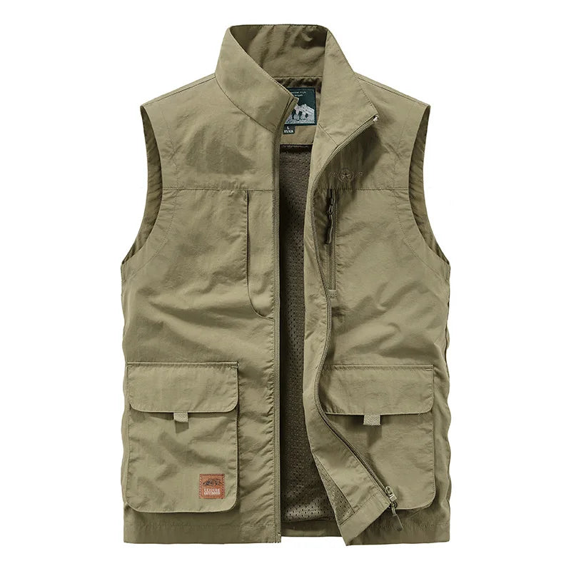 FGKKS Men's Leisure Vest Solid Color Tooling Style Waistcoat Thin Fishing Hiking Multi-Pocket Casual Loose Vest for Men