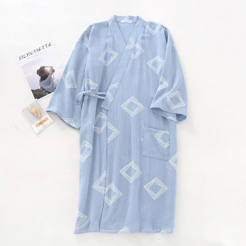 Men's Cotton Crepe Cloth Pajamas Robe Japanese Kimono Cardigan Sleepwear Print Homewear Two-layer Gauze Comfort Bathrobe for Men