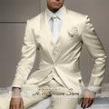 Men's Wedding Party Suits 3 Piece White Satin Mikado Jacket Vest Pants Set for Summer Banquet Party Father Gift Tailored Fit