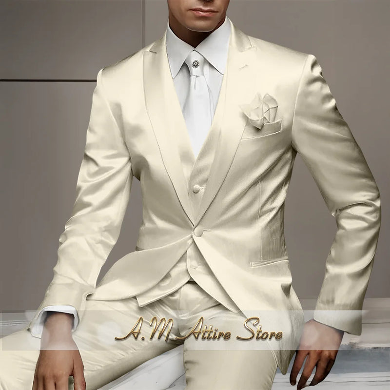 Men's Wedding Party Suits 3 Piece White Satin Mikado Jacket Vest Pants Set for Summer Banquet Party Father Gift Tailored Fit