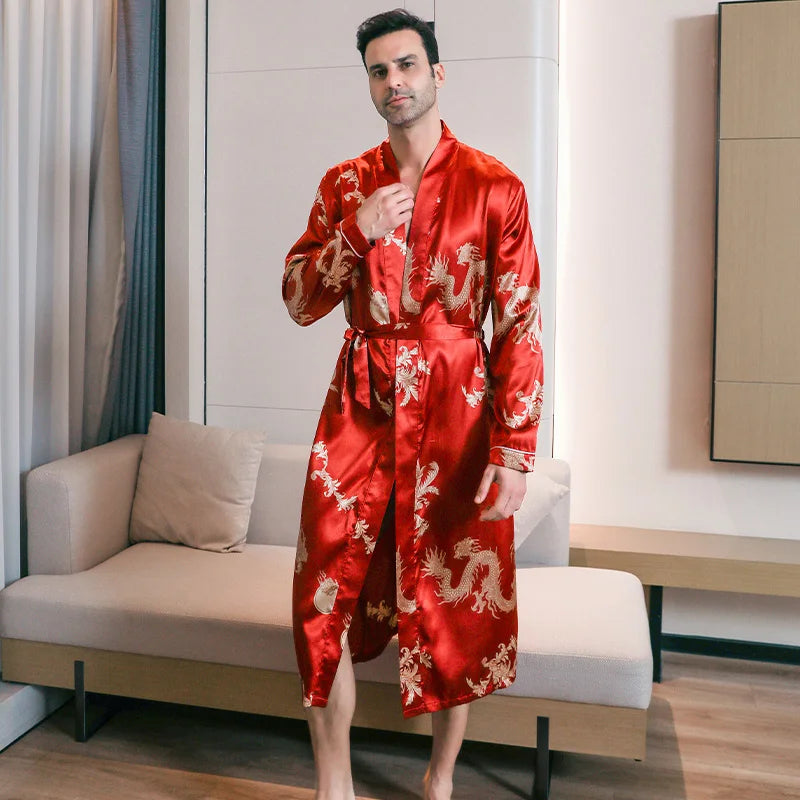 Pajama men's spring and autumn silk thin style oversized pajamas long sleeved bathrobes ice silk bathrobes home clothing summer