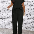 2 Counts Women's Plus Size Textured Batwing Sleeve Tee & Elastic Waist Pants Set, Casual Short Sleeve T-shirt & Straight Leg Tro