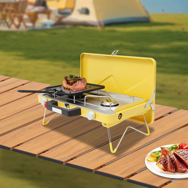 Portable Outdoor Gas Stove,Camping Stove 2 Burners 3500W with Windshield for Picnic,Camping,Family Dinner Yellow