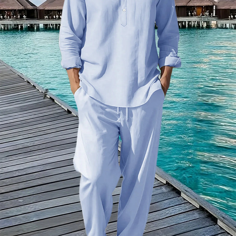 New Long Sleeve Henley Shirt Pants Suit Men Lightweight Breathable Streetwear Solid Color Business Button - View 5 | SAMAG
