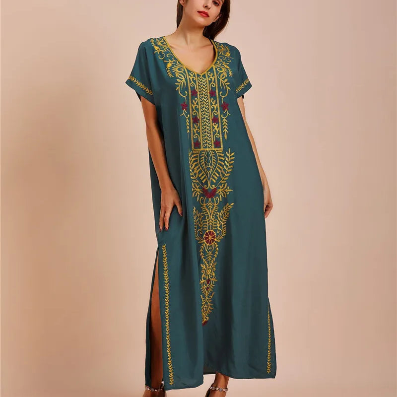 Swimsuit Cover Ups Embroidery V Neck Short Sleeve Swim Cover Up for Women Kaftan Dresses
