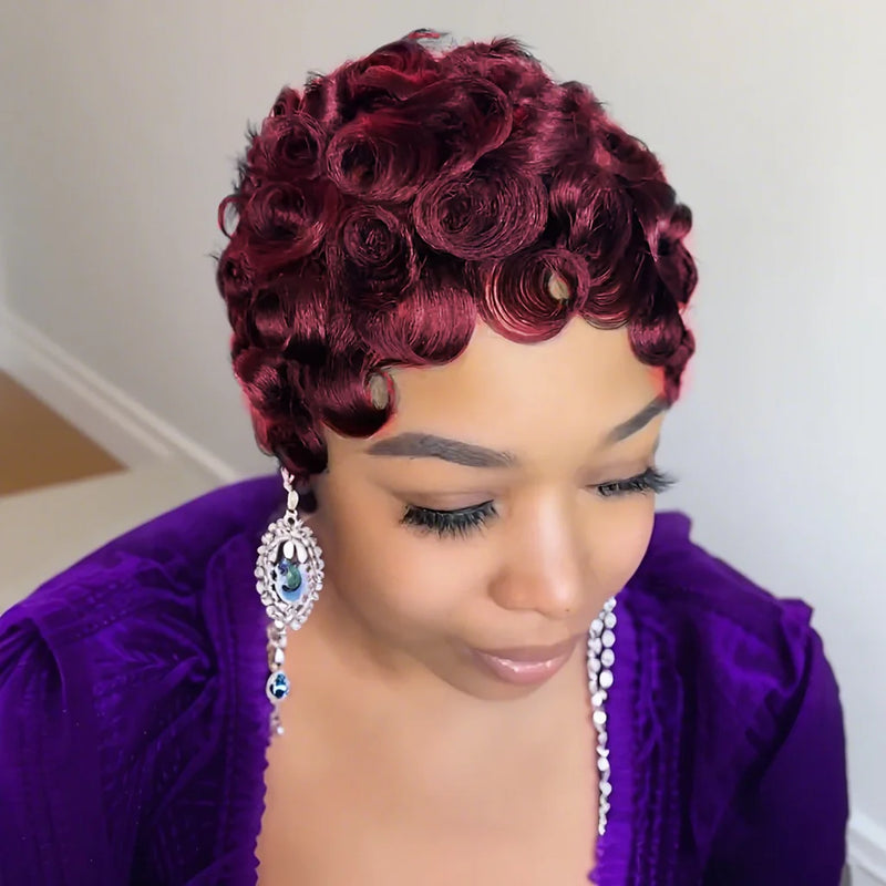 Human Hair Pixie Cut Wig Short Layered Curly with Bangs Natural Black Dark 99J Color Brown Color Machine Made Wig