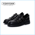 Original niche design buckle strap thick heel loafers men's metal decoration punk round toe leather shoes