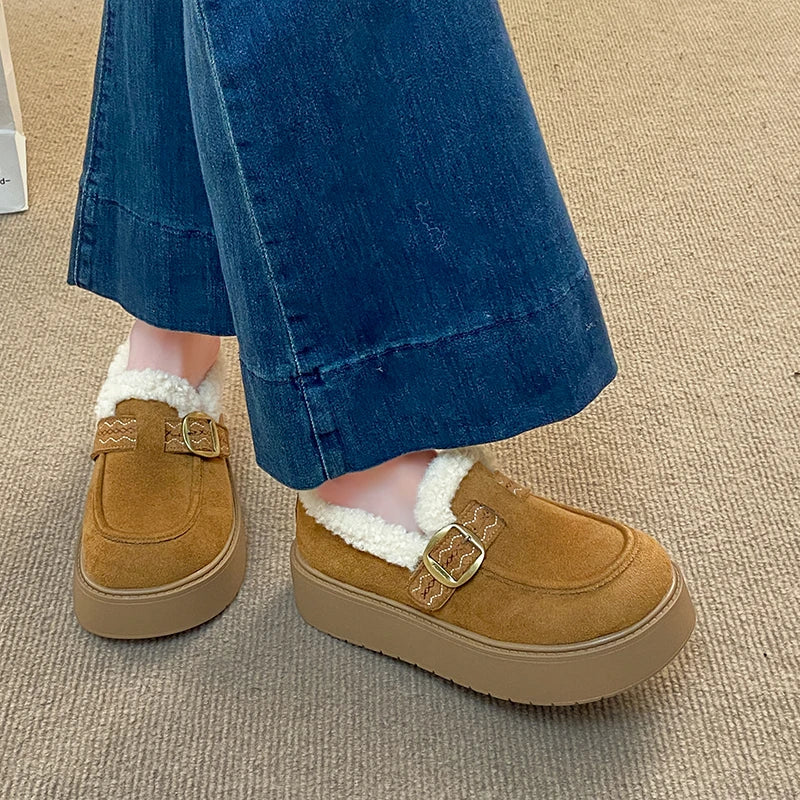 Winter Elegant Round Toe Sexy and Buckle Velvet Thick Soled Casual Shoes  Fashionable and Popular New Comfortable Women's Shoes