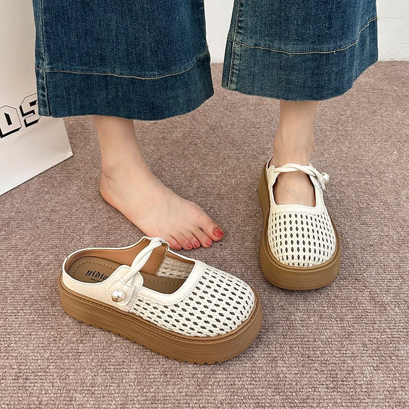 Summer Women's Hollow Out Woven Round Toe Mary Jane Buckle Strap Chunky Platform Mule Clogs Slides Sandals Casual Slippers Shoes