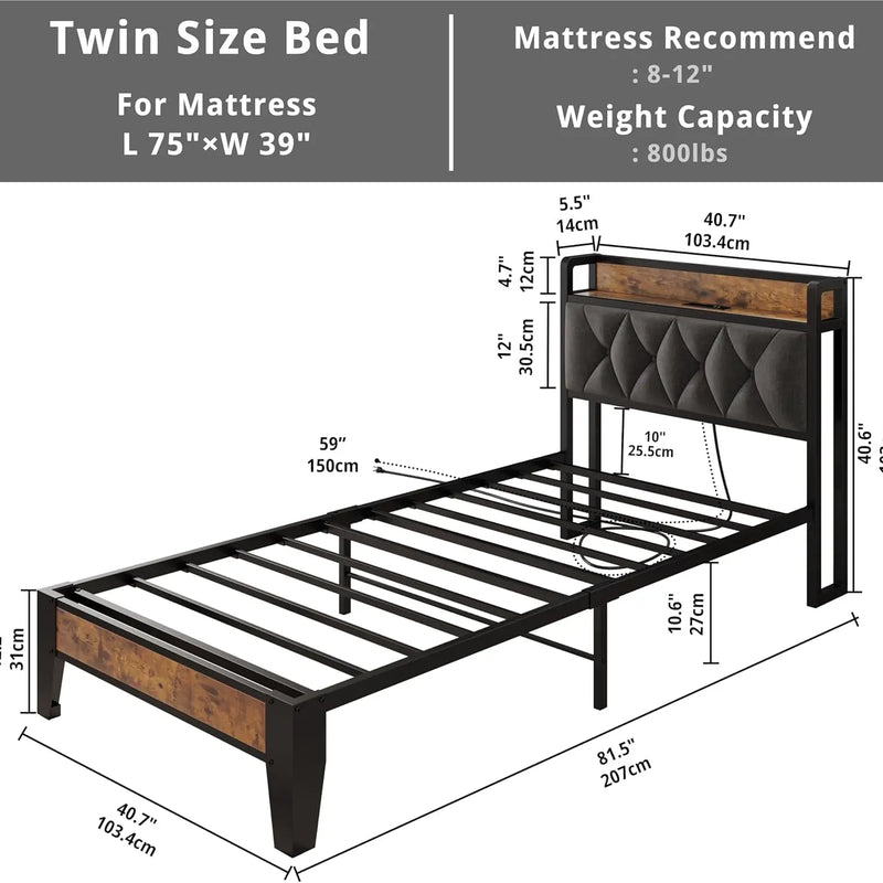 ANCTOR Twin/TwinXL/Full/Queen/King/CaliforniaKing Bed Frames, Storage Headboard with Outlets, No Noise, No Box Springs Needed