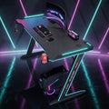 Gaming Desk with RGB LED Lights, Large Z-Shaped Gaming PC Desk with Carbon Fiber Desktop Computer Game Desk Table for Gamer