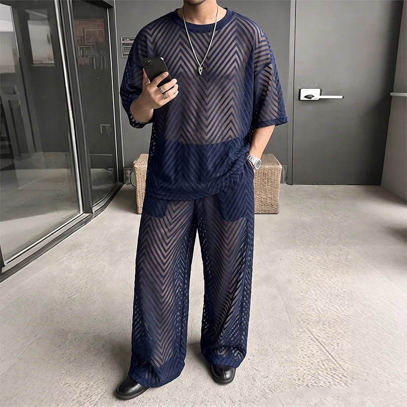 INCERUN Men's Sets See Through Mesh Short Sleeve T Shirt Pants Two Piece Streetwear Sexy Matching - View 2 | SAMAG