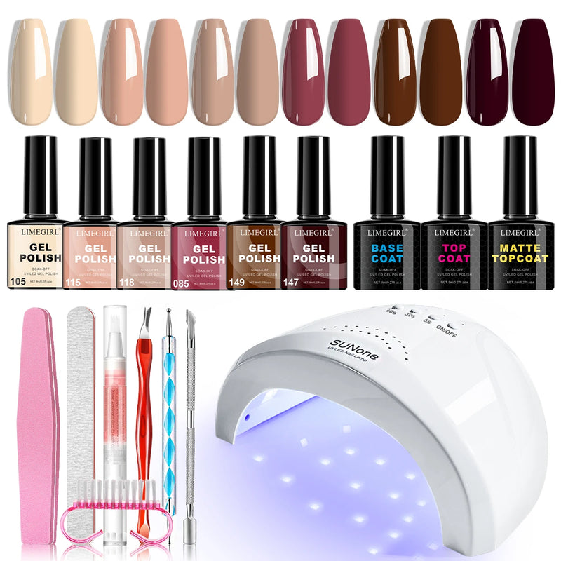 Gel Nail Polish Set for Beginner 6 PCS 8ML Glitter Art Gel Varnish with Base Coat Top Coat and UV Lamp for Manicure Salon Tools