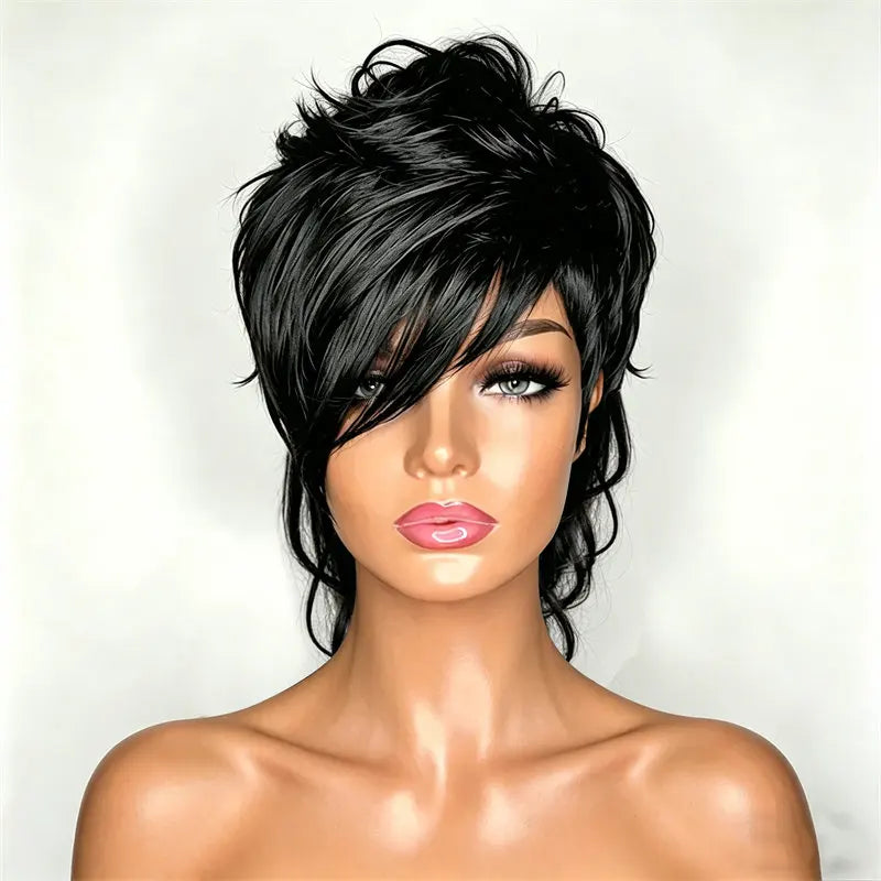 Fashion Style Short Mullet Pixie Cut Wig Natural Black Full Machine Made With Bangs Soft Smooth For Women Festival Party Daily