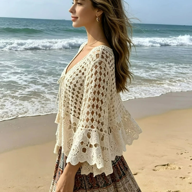 Bohemian Style Crochet Lace V Neck Cardigan Beachwear - View 5 | SAMAG