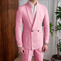 Men's Linen Suit 2-Piece Khaki Shawl Collar Double-Breasted Slim Fit Breathable Jacket and Pants Formal Set for Summer Business