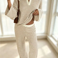 Autumn New Fashion Knitted Striped Lapel Long-sleeved Two-piece Set Slim + Casual High-waisted Wide-leg Pants 2 piece Set Female