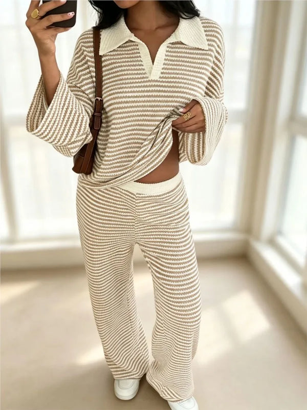 Autumn New Fashion Knitted Striped Lapel Long-sleeved Two-piece Set Slim + Casual High-waisted Wide-leg Pants 2 piece Set Female