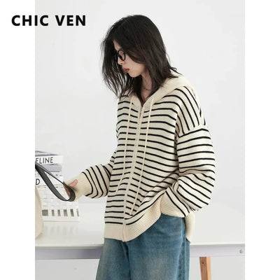 CHIC VEN Women Fashion Cardigan Casual Hooded Striped | SAMAG