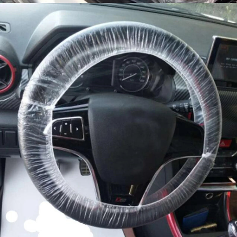 100Pcs/Set Universal Car Disposable Transparent Steering Wheel Cover Elastic Waterproof Plastic Safety Isolation Protection