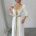 Moroccan Kaftan Abaya Women Dubai V Neck Gold Fringe | SAMAG