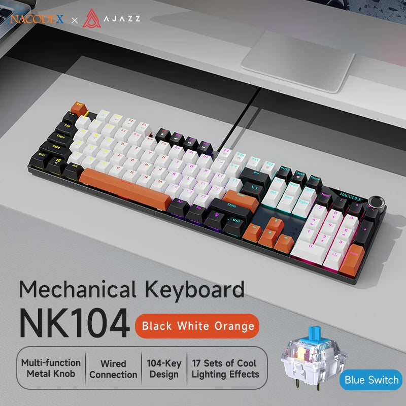 AJAZZ NK104 Mechanical Keyboard Wired Dual-Injection Keycaps 104 Hot-Swapping LED Hybrid Backlight Gamer Keyboard for Laptop PC