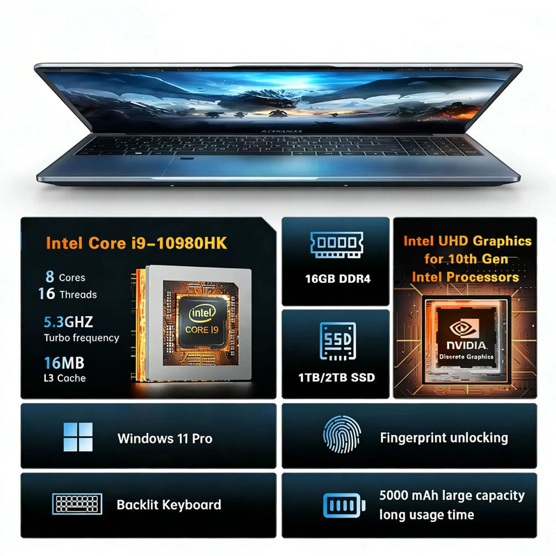 2026 15.6 Inch Intel Core I9 10980HK Gaming Laptop 16GB RAM 1TB SSD Windows 11 Pro Portable Notebook PC for Office Study Gamer